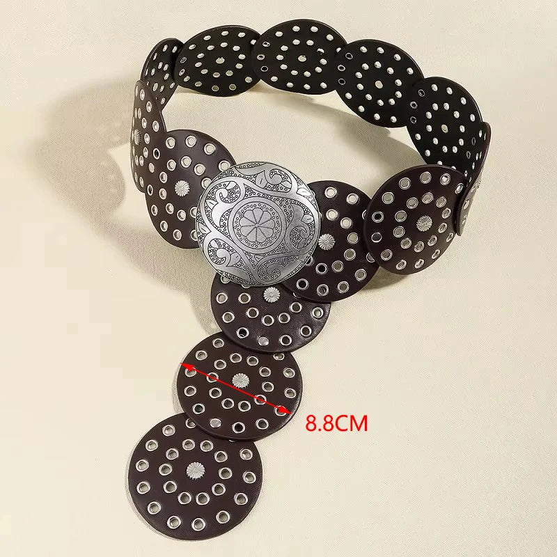 Women's Western Denim Belt High Quality Metal Hollow Ladies Trend Wide Waistband Vintage Personalized Round Belts DT148