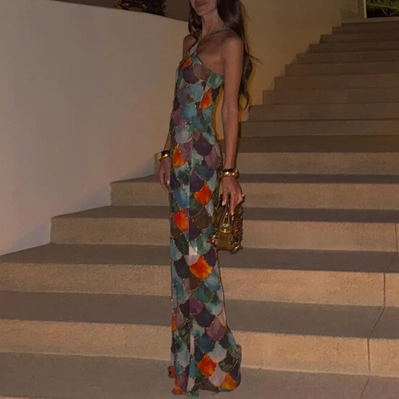 Sexy Bodycon Backless Halter Dress Elegant Colorful Block Full Length Evening Dress Fashion 2025 Slim Off Shoulder Party Dress
