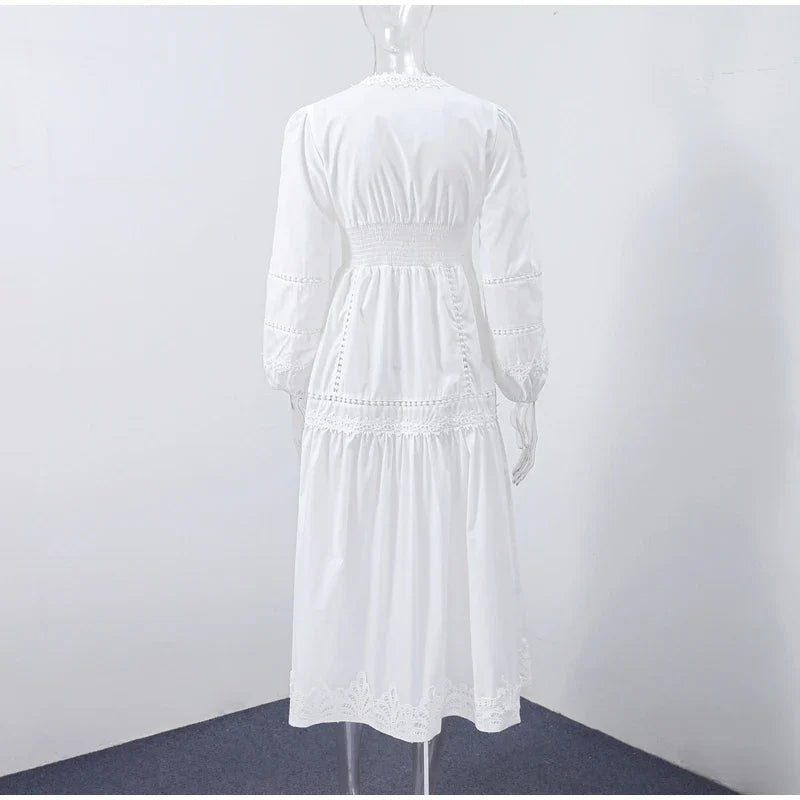 Elegant Lace Hollow Out Women's Long Dress Solid V-neck Patchwork Puff Sleeve Bodycon Dressess Female 2025 Spring New Lady Robes