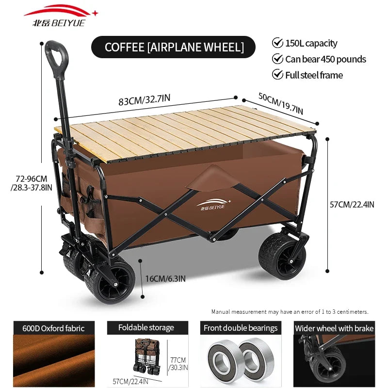 Heavy Duty Foldable Camping Wagon with Wooden Table Board All-Terrain Wheels Collapsible Utility Cart Large Capacity Portable