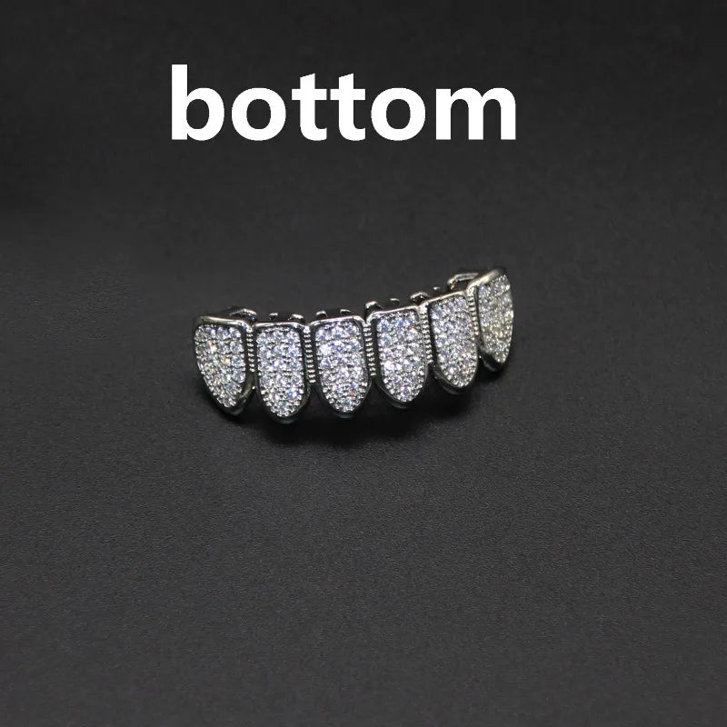 HipHop CZ Teeth Set For Unisex Top Bottom Mouth Gold Silver Color Teeth Tooth Cap Removable Dental Fashion Jewelry