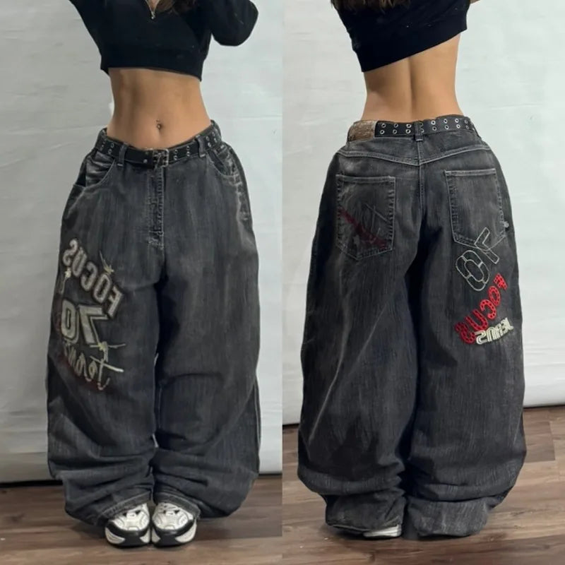 American New Fashion Pattern Embroidered Baggy Jeans Women Y2K Harajuku Vintage Gothic Hip Hop Popular High Waist Wide Leg Pants