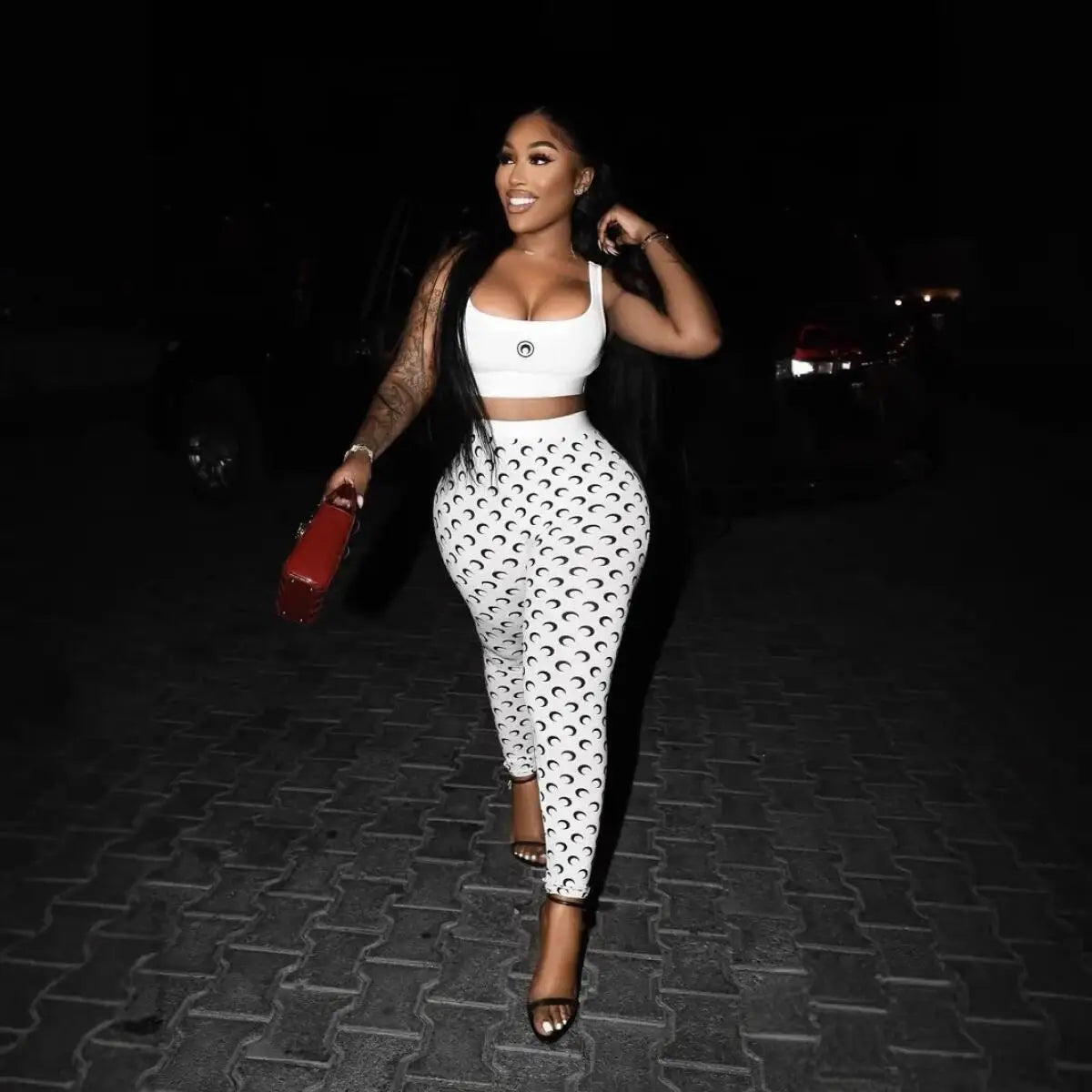 Y2K Fashion Women Two Piece Set Sexy Slim Fit Vest and Pants High Street Retro Crescent Print Matching Set