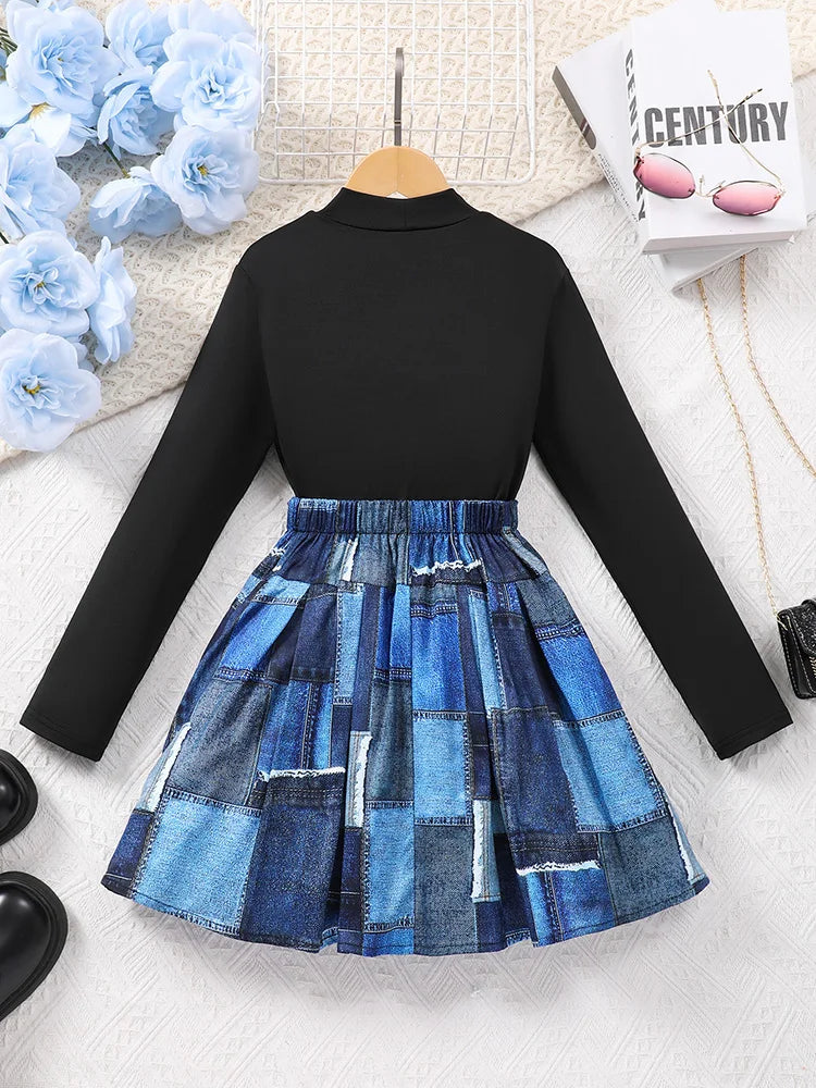 Spring And Autumn, Leisure Cute Girl High Collar, Printed Long Sleeve & Checkered Half Skirt.