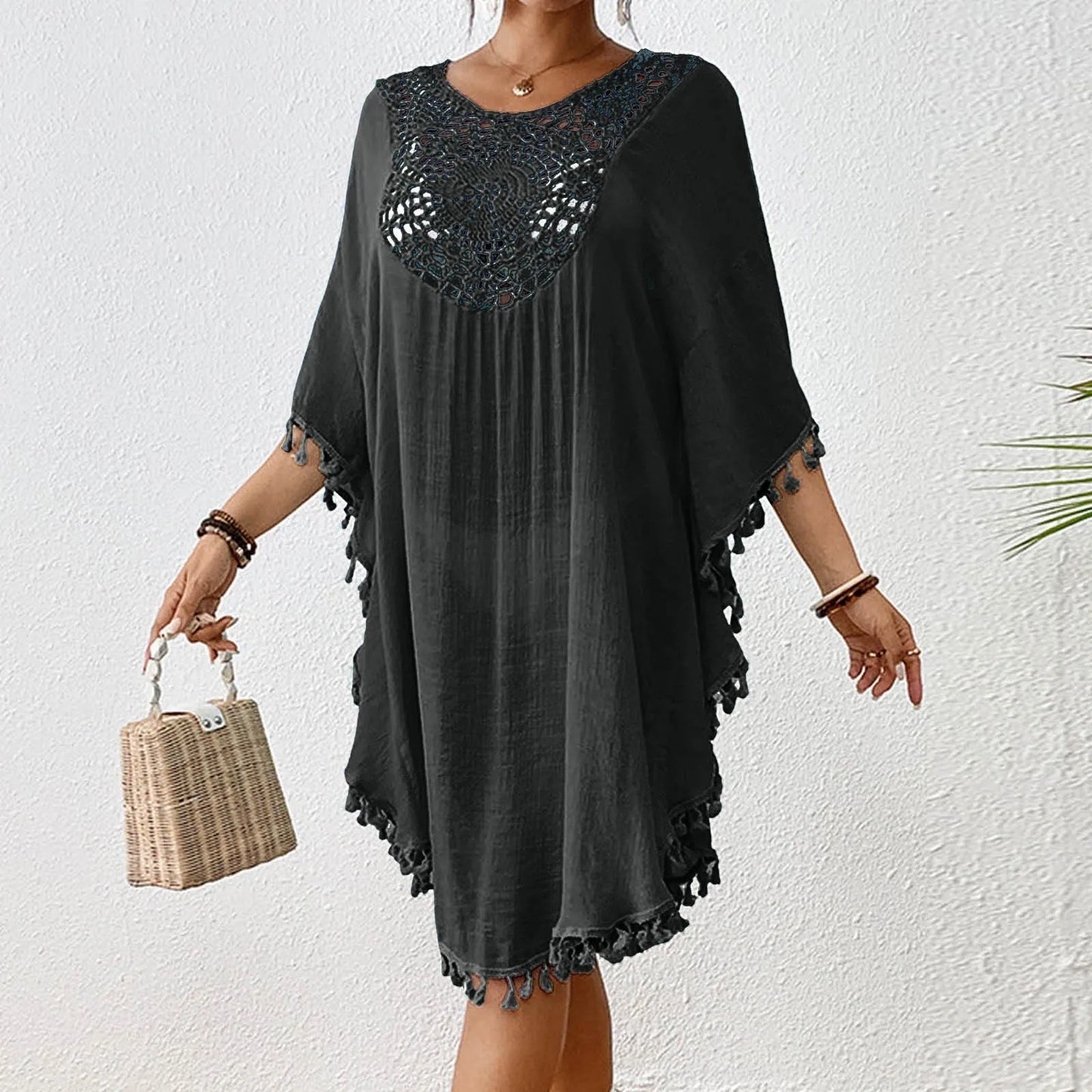 Linen Cover Up Women'S Beach Top With Crochet Patchwork Tassel Swimsuit And Bikini Outerwear Women'S Kimono купальник 2024 тренд