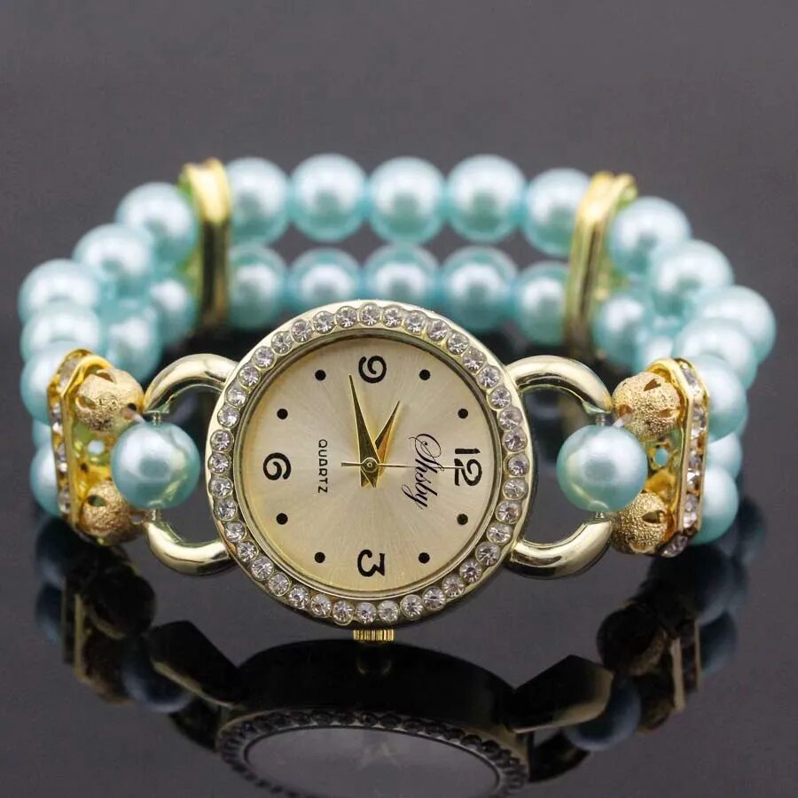 Shsby New Women's Rhinestone Quartz Analog Bracelet Wrist Watch Lady Watches With Colorful Pearls