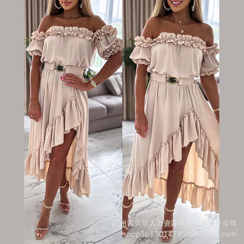 Dress Women Ruffles Off Shoulder Long Dresses Solid Slim Fit Regular Casual Elegant Splice High Waist Belt A Line Vestidos 2024