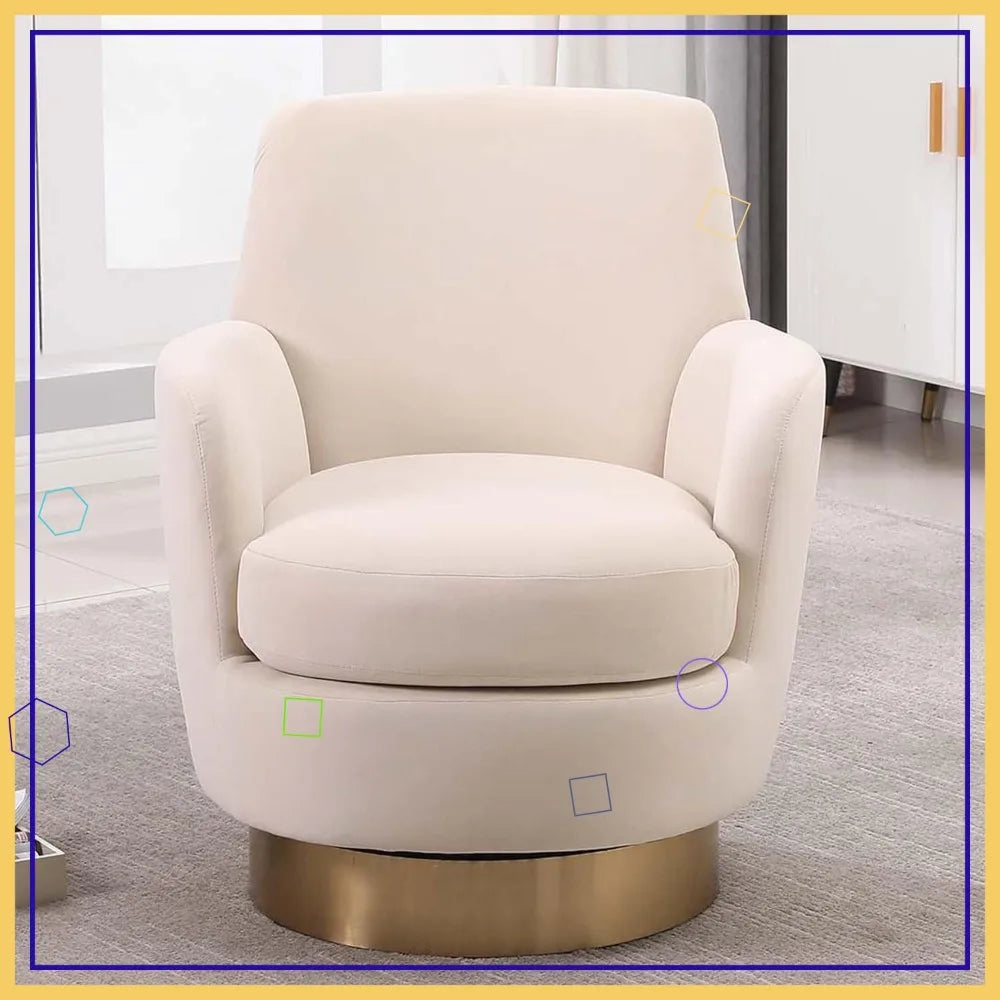 Velvet Swivel Accent Chair for Living Room, Comfy Barrel Chair with High Back, Gold Base (Beige)