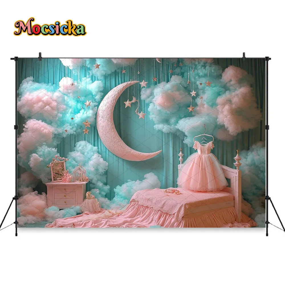Princess Girl Birthday Party Night Photography Background Blue Pink Smoke Moon Star Boudoir Backdrop Kid Cake Smash Photo Studio