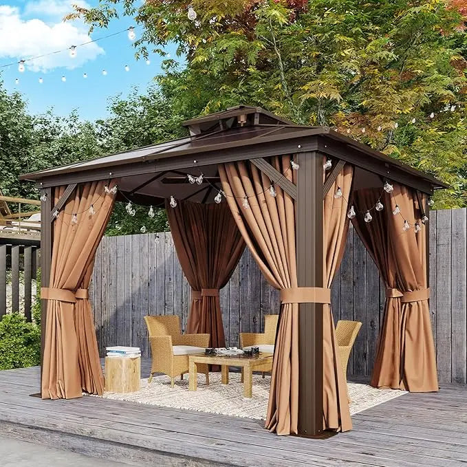 10'x12' Hardtop Gazebo, Aluminum Frame Permanent Pavilion with Curtains, Outdoor Polycarbonate Gazebo, Double Roof Canopy