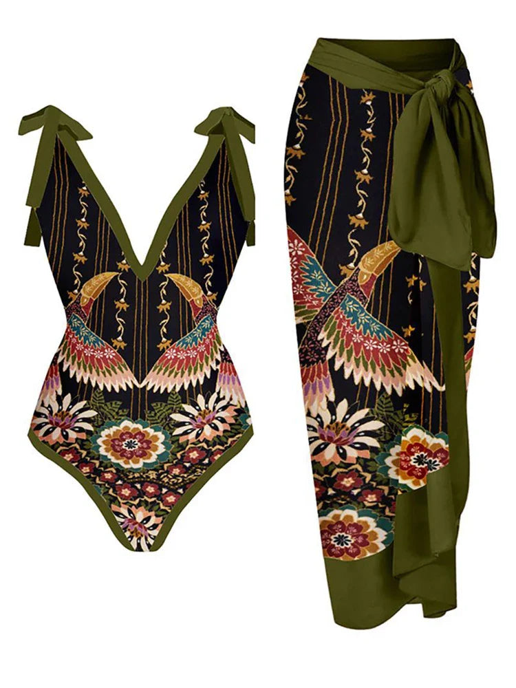 Conservative Women's One Piece Swimsuits 2023 High Waisted and Slim Printed Swimwear Chiffon Beach Skirt for Hot Spring Vacation