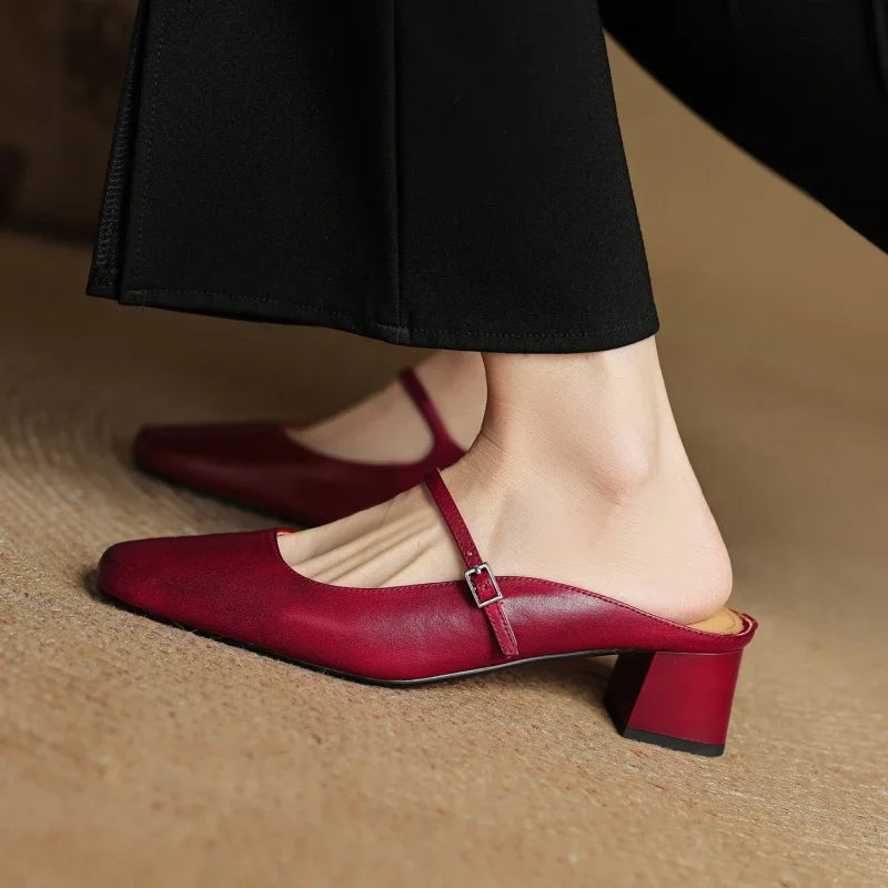 2026 New Summer Women Mules Genuine Leather Women Shoes Squared Toe med Heel Cover Toe Slingback Shallow Modern Slippers