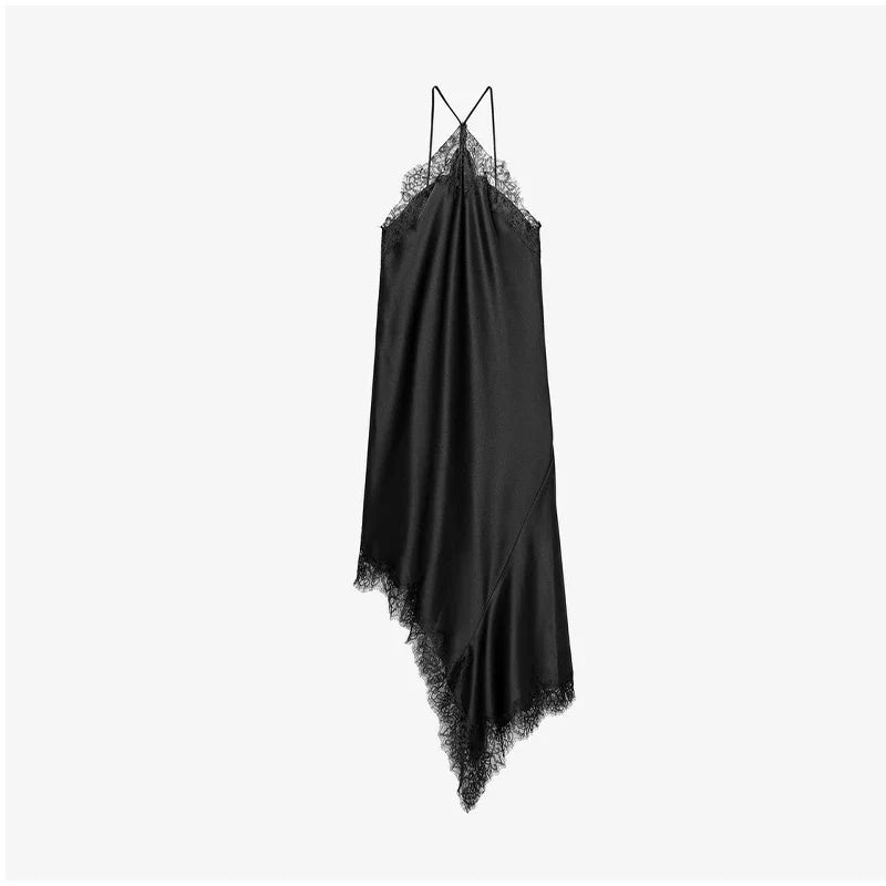 Brown Satin Sexy Lace Spliced Short Sling Dress Women V-neck Sleeveless Backless Asymmetric Party Dresses 2025 Summer Lady Robes