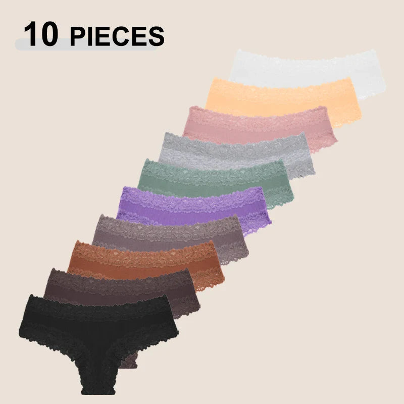 10PCS/Set Women Lace Cotton Panties, Sexy Low-Waist Brazilian Panties, Solid Color Female Underwear.