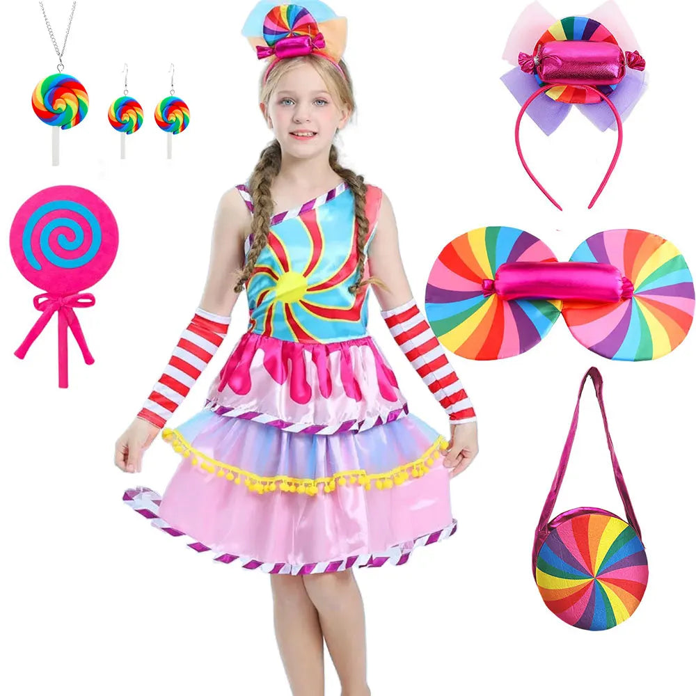 Delicate Princess Lollipop Fairy Costume Girls Halloween Candy Role Play Dress up Kid Carnival Purim Party Cute Vestidos Rainbow