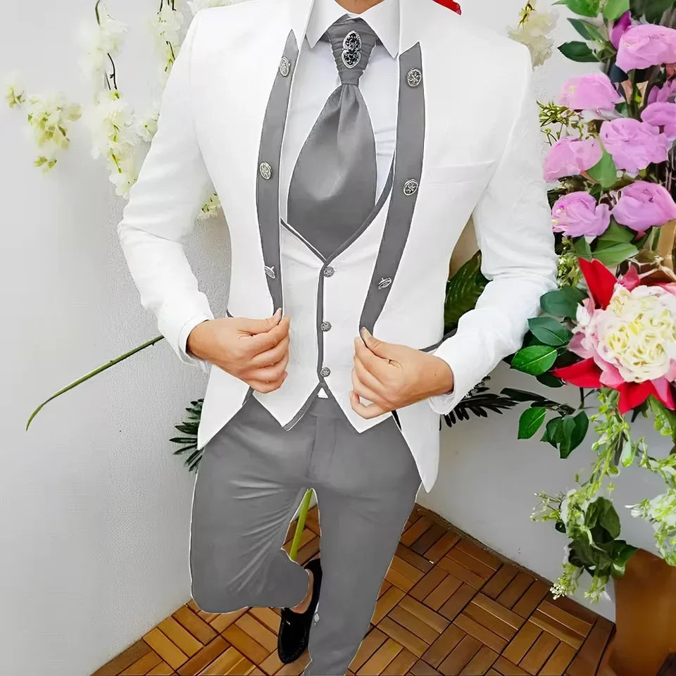 Premium Men's Jacquard Suit White 3pcs Set Wedding Groom Tuxedo Shawl Collar Formal Jacket Vest Pants Beach Party Custom Attire
