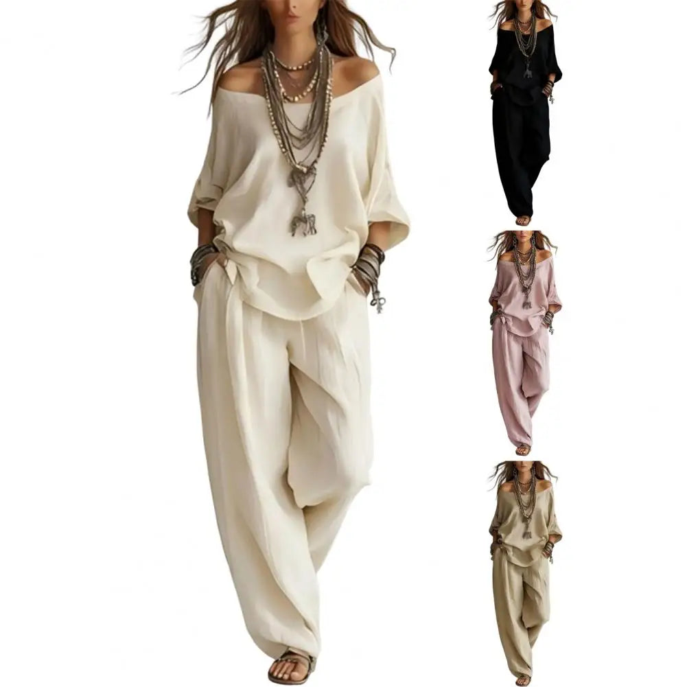 New Elegant Off Shoulder Sling Tops Long Pant Set Summer Women Casual Loose Sleeve Solid 2Pc Suits Fashion Draped Party Suits