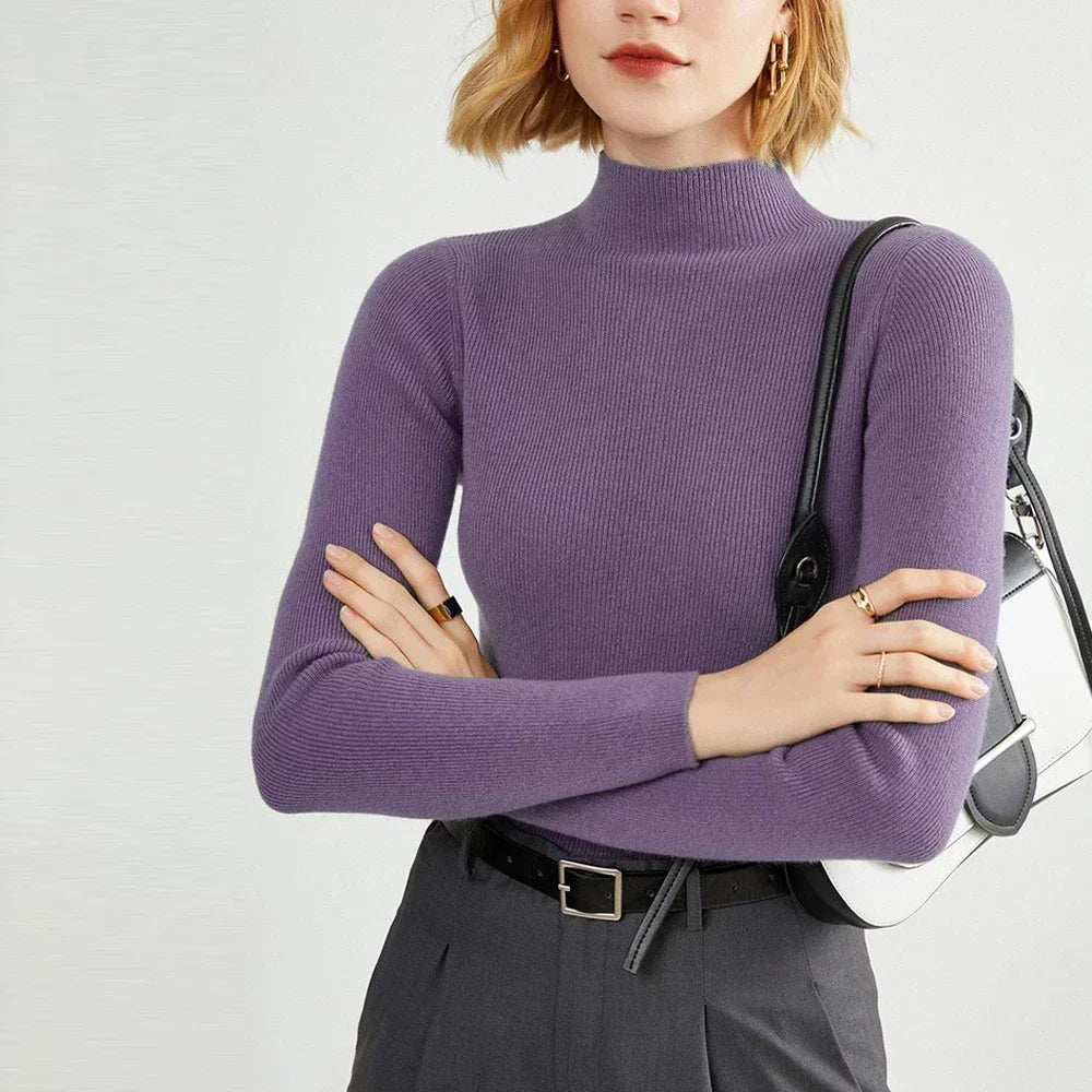 Long Sleeved Knitted Sweater Girl S-XL Red Coffee Green Yellow Half High Collar T Shirt Women Slim Tops Autumn Winter X-G-Xinde