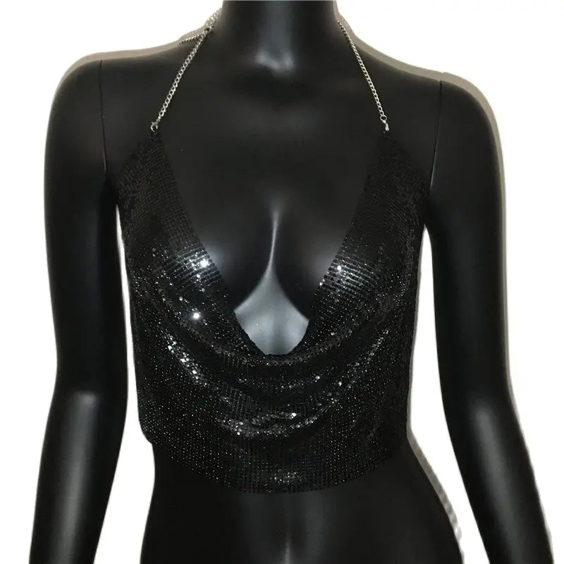AKYZO Women 2023 Sexy Metal Sequined Tank Camis Summer Gold Silver Backless Cropped Glitter Beach Club Show Wear Tank Tops