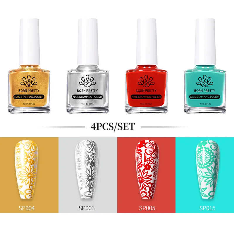 BORN PRETTY 10ml Stamping Nail Polish Set Gold Silver Black White Color Nail Printing Polish DIY for Nail Plate Design Varnish