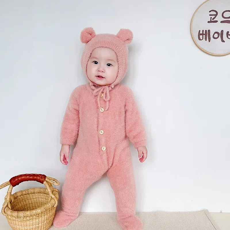 0-3T Newborn Kid Baby Boys Girls Winter Clothes Warm Baby Romper with Hat Cute Sweet Jumpsuit Cute Sweet Lovely Baby Outfit B334