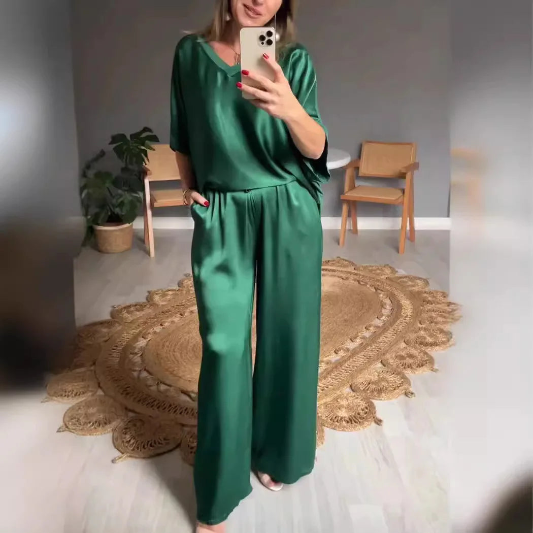 Summer Short-sleeved T-shirt Two-piece Set For Women V-neck Top Pullover Wide-leg Pants Suit For Women Spring Loose Satin Suit