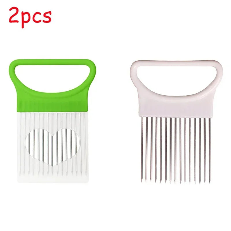 1/2/3/4pcs Effortlessly, Slice Onions with this 1pc Colorful Onion Slicer stainless steel potato chip onion holder.