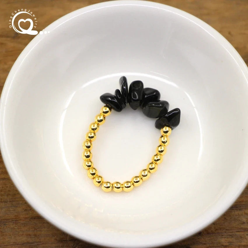 Healing Crystal Chip Stackable Rings Golds Brass Round Beads Natural Stone Gravel Stretchy Ring Fashion Women Jewelry,QC4218