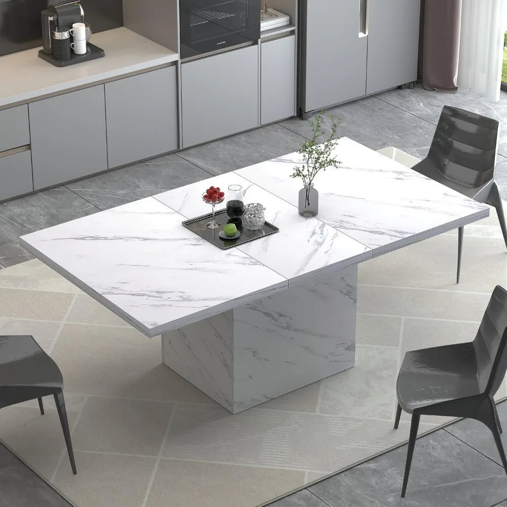 White Marble Dining Table with Heavy-Duty Pedestal, Suitable for Kitchen or Living Room