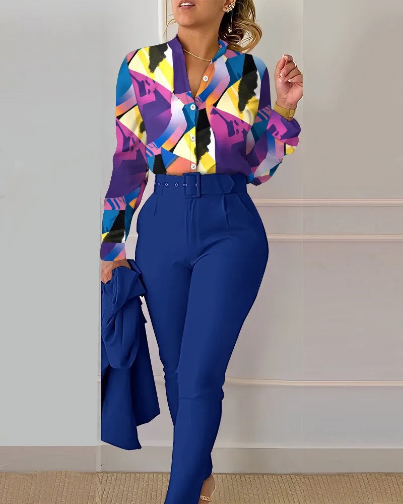 Women Shirt Pants Set Autumn Elegant Fashion V Neck Floral Print Long Sleeve High Waist Office Lady Casual Trousers Suits