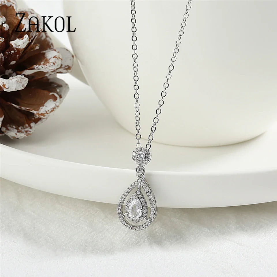 ZAKOL Simple Round Zirconia Pendant Necklaces for Women Shiny Crystal Fashion Party Dress Jewelry