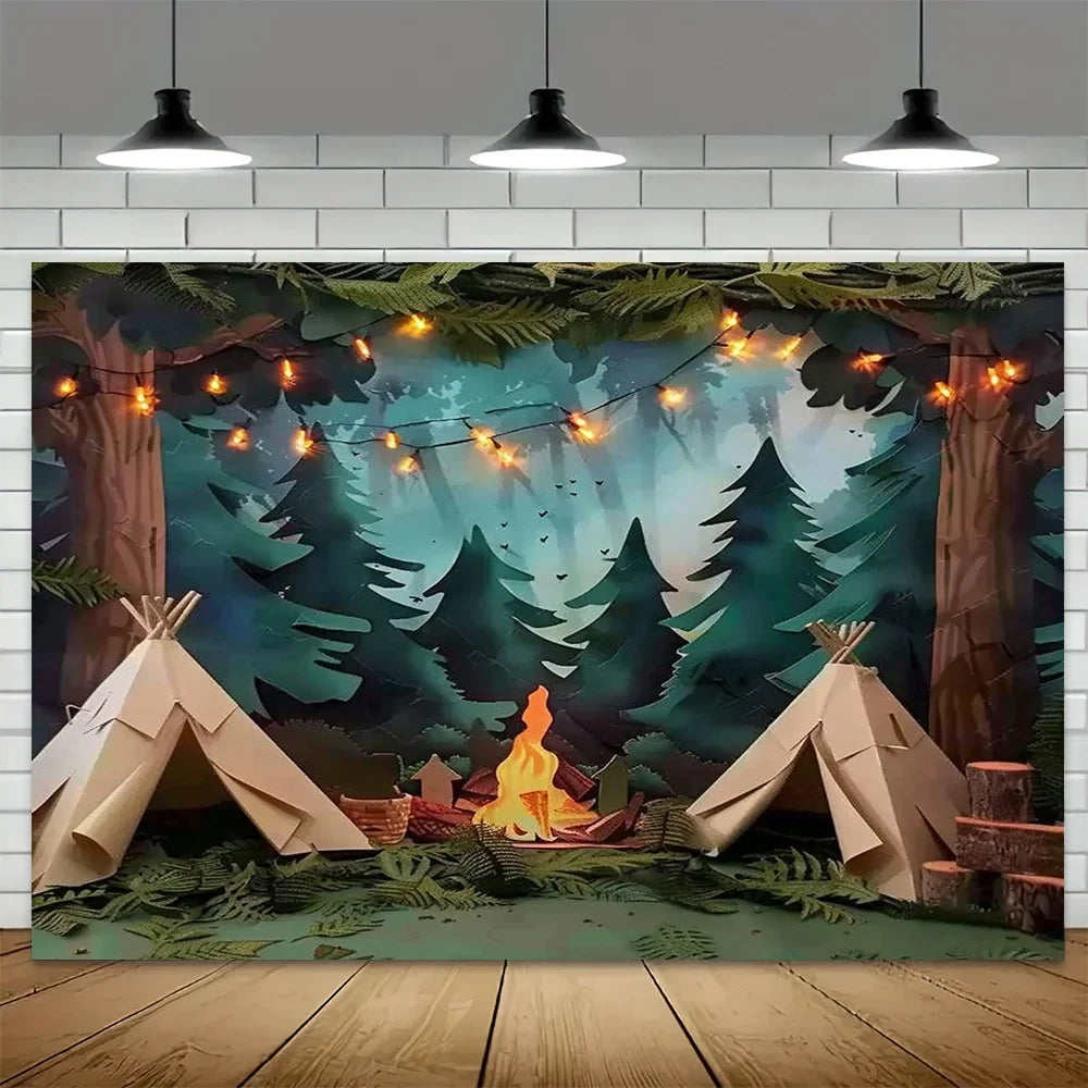 1 Photography Camping Background - Forest Scene Party Background with Tent, Fire Pit, and Light String