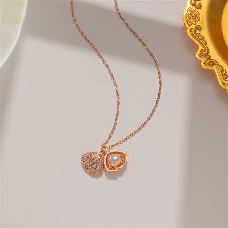 Summer Fashion Crystal Zircon Shell Imitation Pearl Pendant Necklace For Women  Collar Beach Neck Jewelry