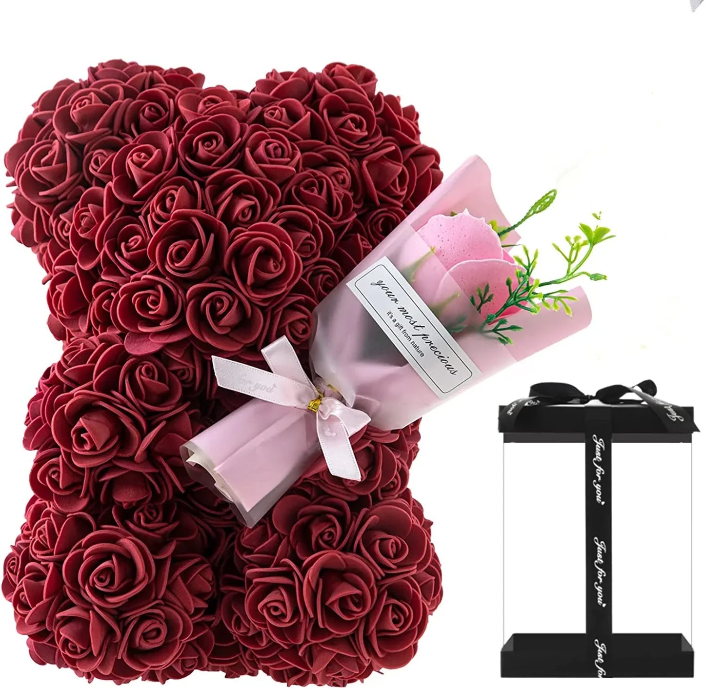 1pc 25cm Rose Bear with Flower Bouquet Artificial Foam Flowers Bear Romantic Creative Gifts for Valentines Day Anniversary Gift
