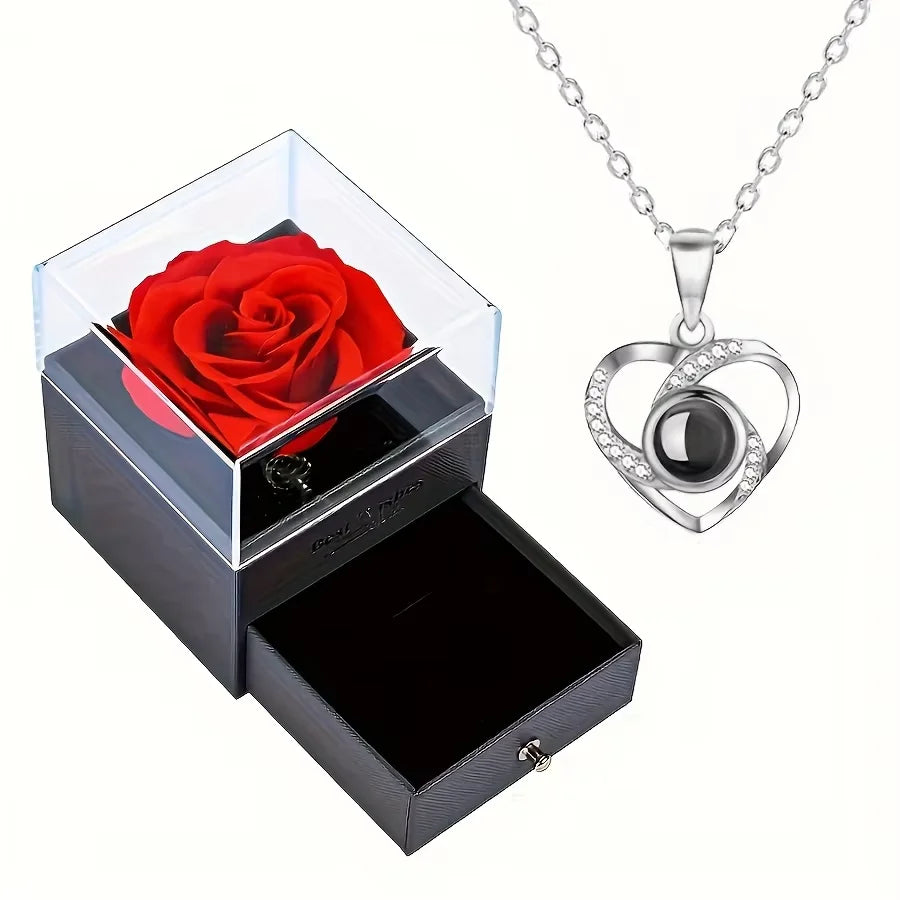 Preserved Red Rose with I Love You Necklace, for Women, Mom, Wife,Christmas Valentines Day Mothers Day Anniversary Birthday Gift