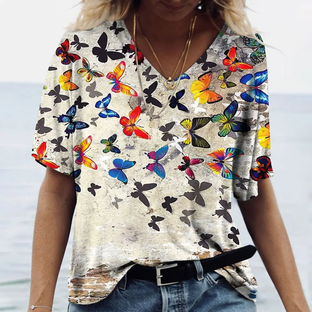 Women's T-shirts Fashion Tops V-neck Colorful Butterfly T Shirt Female Short Flowers Print Casual Tees Summer Oversized Clothes