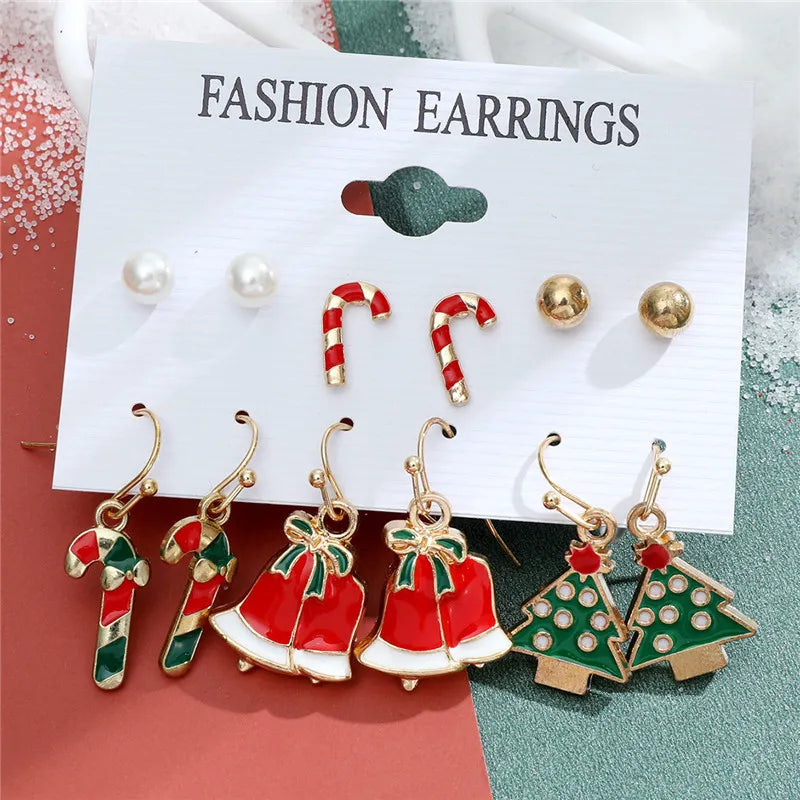 6 pairs Christmas Stud Earrings Xmas Tree Brown Elk Snowman Santa Claus Cute Christmas Earrings Christmas Gifts For Women Girls