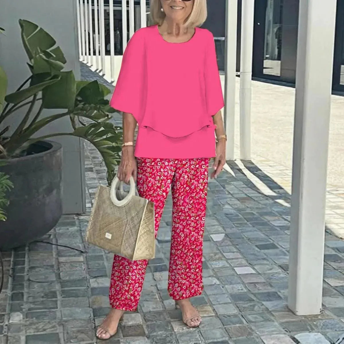 Summer Fashion New 2 piece Sets Women o-neck Sleeve print Pants Suits Casual Loose Irregular Top Wide Leg Pant two piece Set