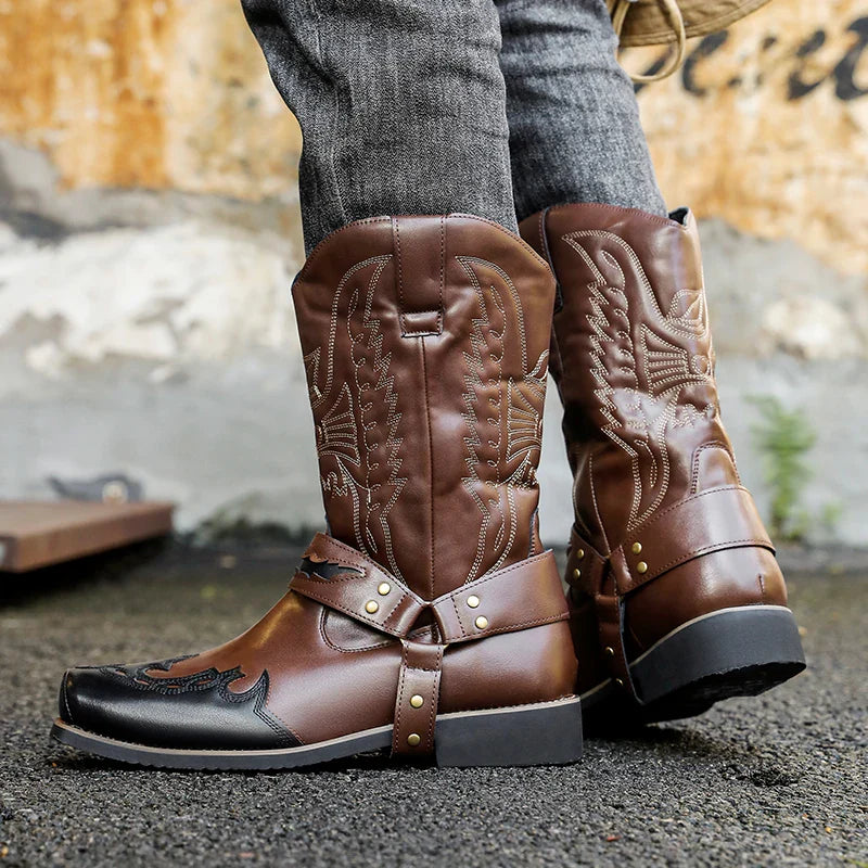 2025 Men's Western Cowboy Style Boots - Two-color Geometric Pattern.