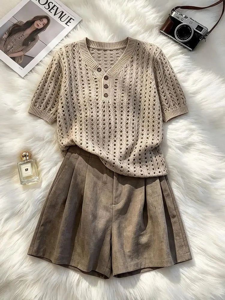 Elegant Casual 2 Piece Set 2026 Women Crochet Knit V Neck Button Short Sleeve Top High Waist Tailored Shorts Daily Summer Outfit