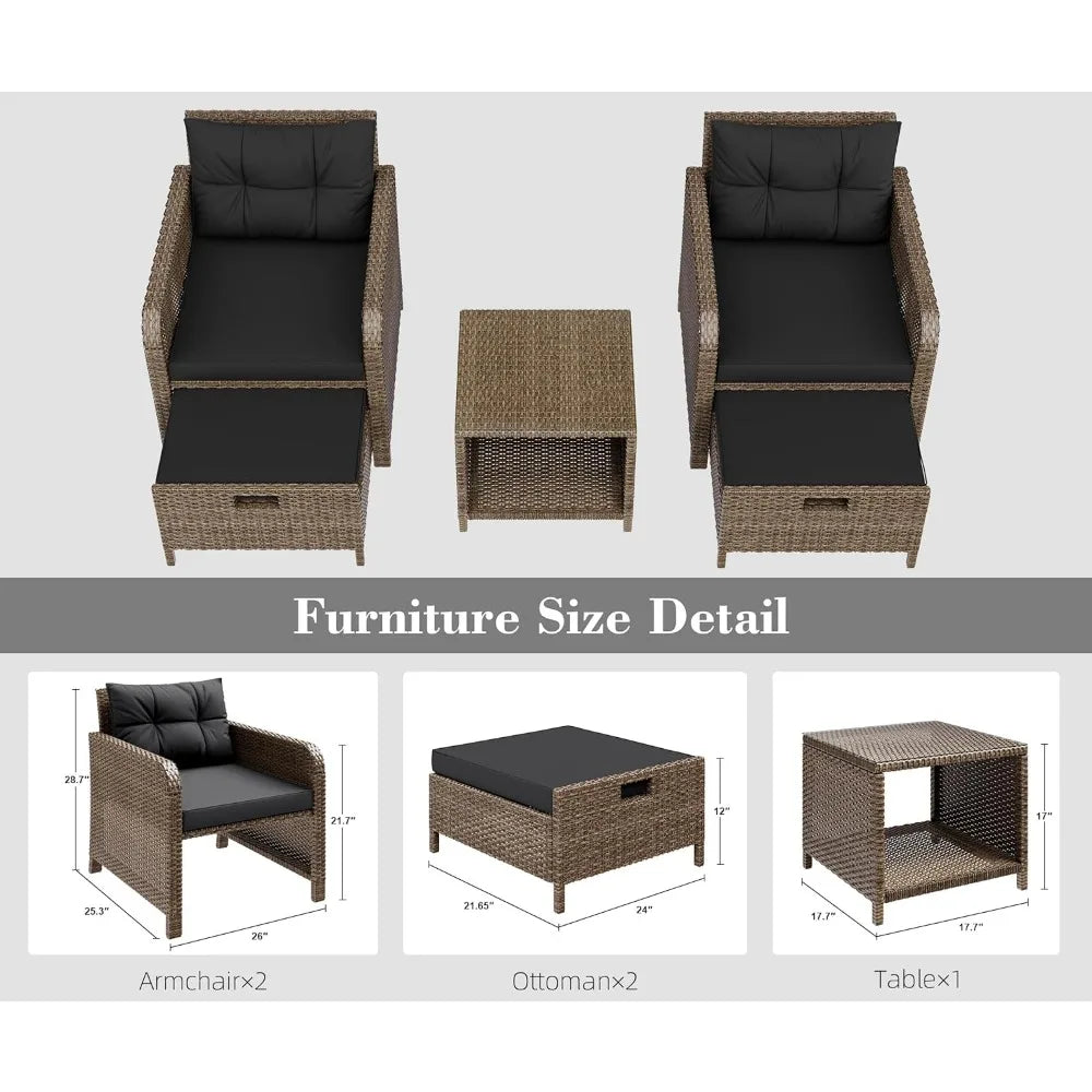5 Piece Patio Conversation Set, PE Wicker Rattan Outdoor Lounge Chairs with Soft Cushions 2 Ottoman&Glass Table for Porch, Lawn