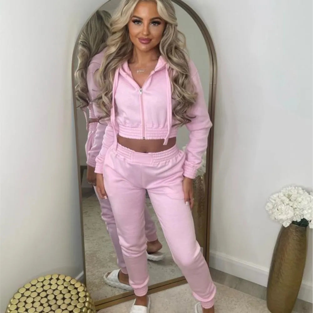 Fleece Hooded Sweatshirt Short Hooded Women's Suit Autumn Winter New Casual Zipper Hoodie Sports Jogging Pants Female 2piece Set