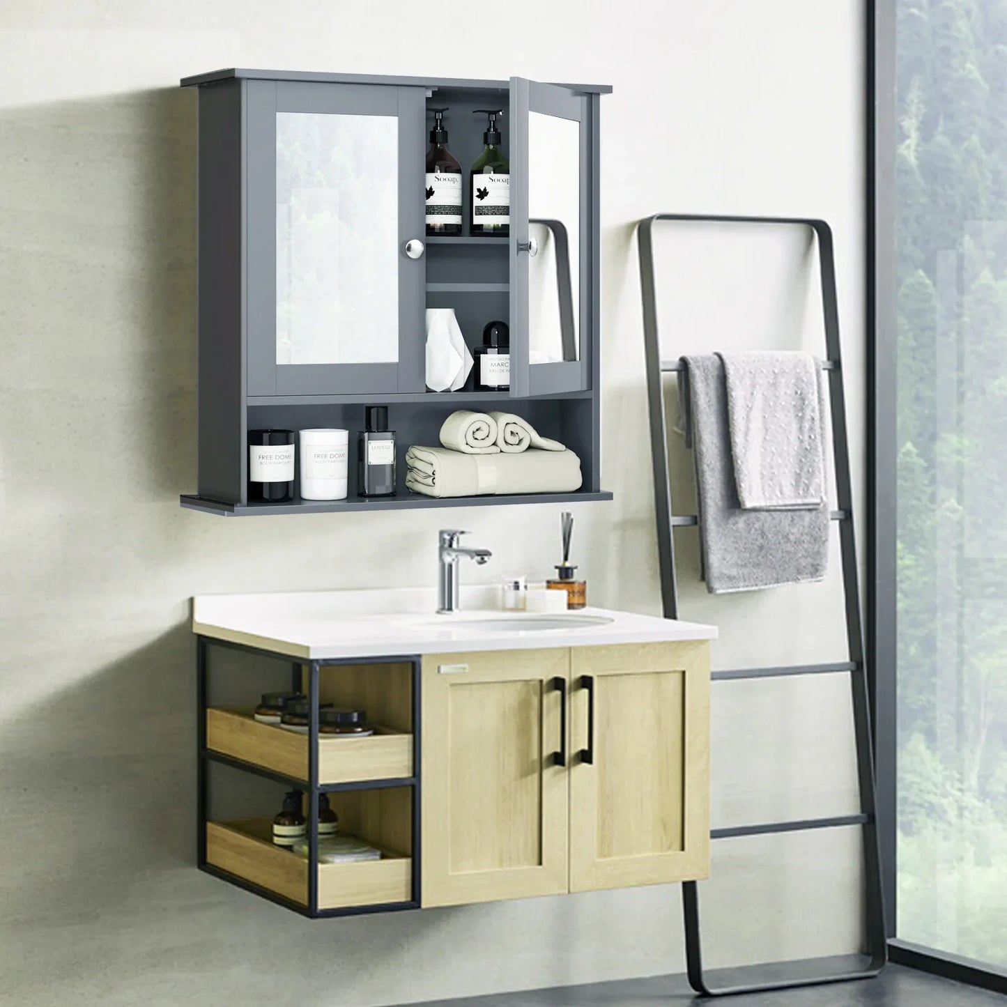 Wall Mount Mirror Cabinet Bathroom, Medicine Cabinet Organizer Grey.