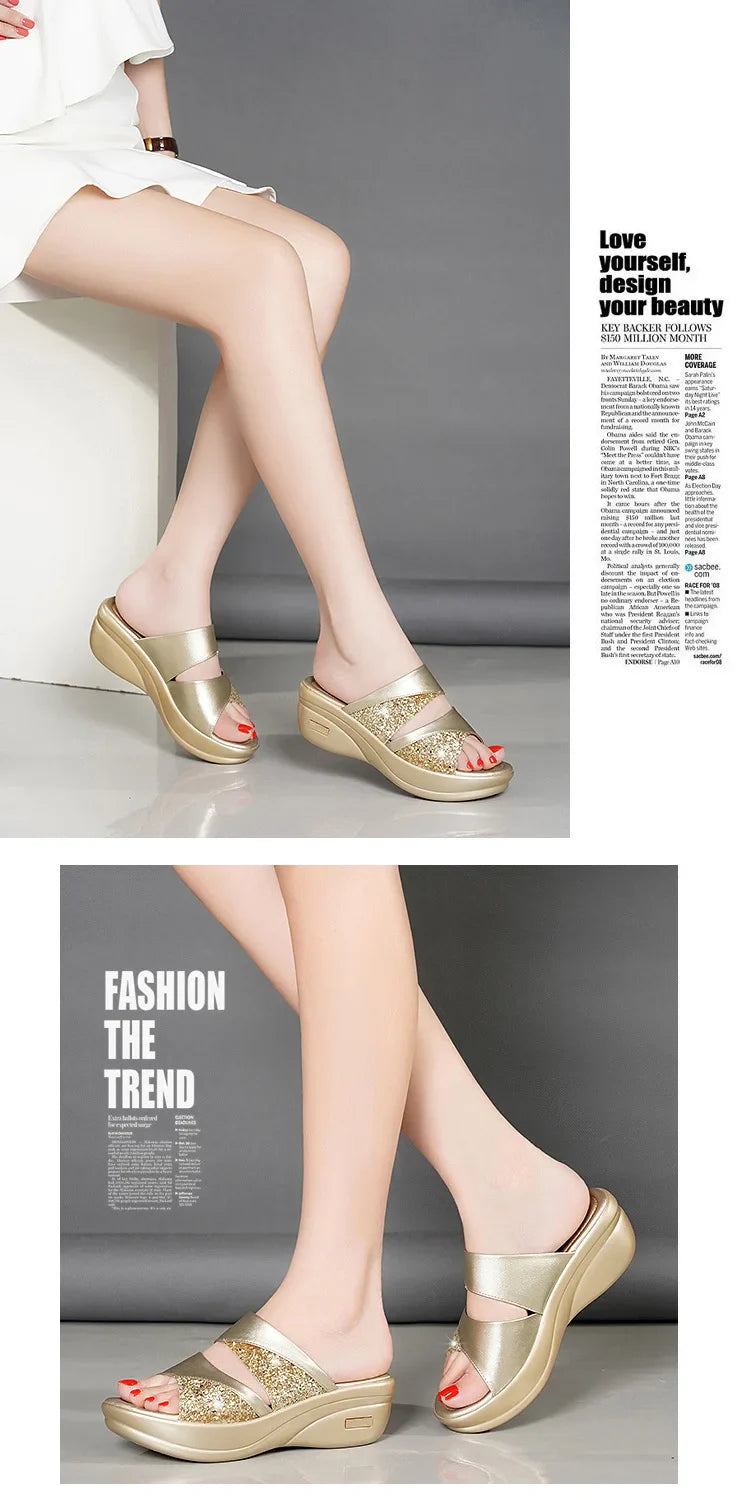 Sandals Woman Summer Gold Open Toe Sandal Dress Shoes Womens High Heels Sandals Platform Wedges Heeled Pumps Ladies Shoes