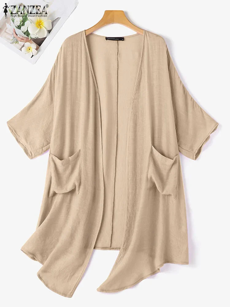 ZANZEA Female Cotton Long Cardigan Women's Summer Blouse Casual 3/4 Sleeve V Neck Shirt Female Tops Thin Solid Baggy Blusas