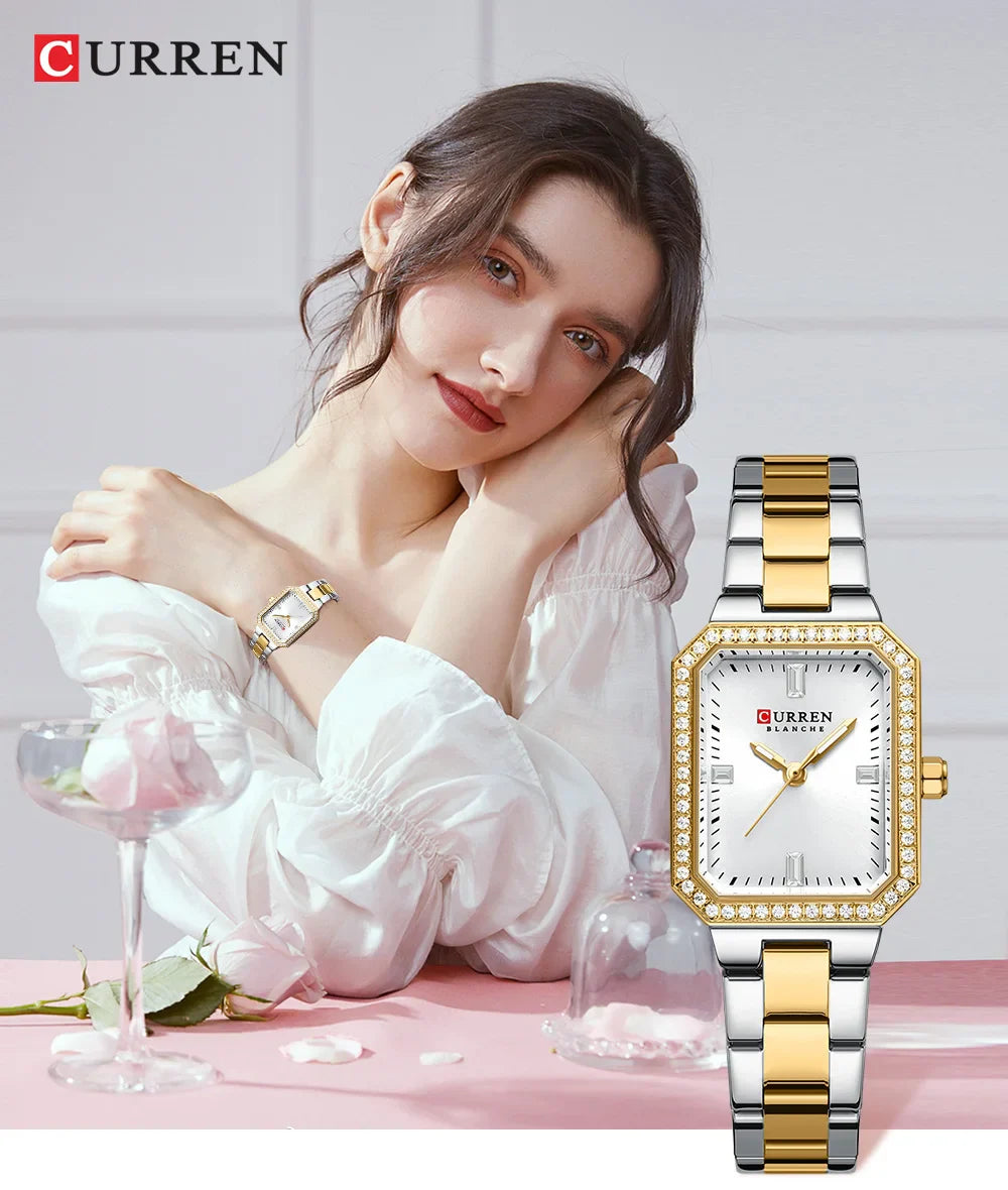 CURREN Luxurious Elegant Women's Watches Classic Rectangular Dial with Rhinestones Luminous Hands Waterproof