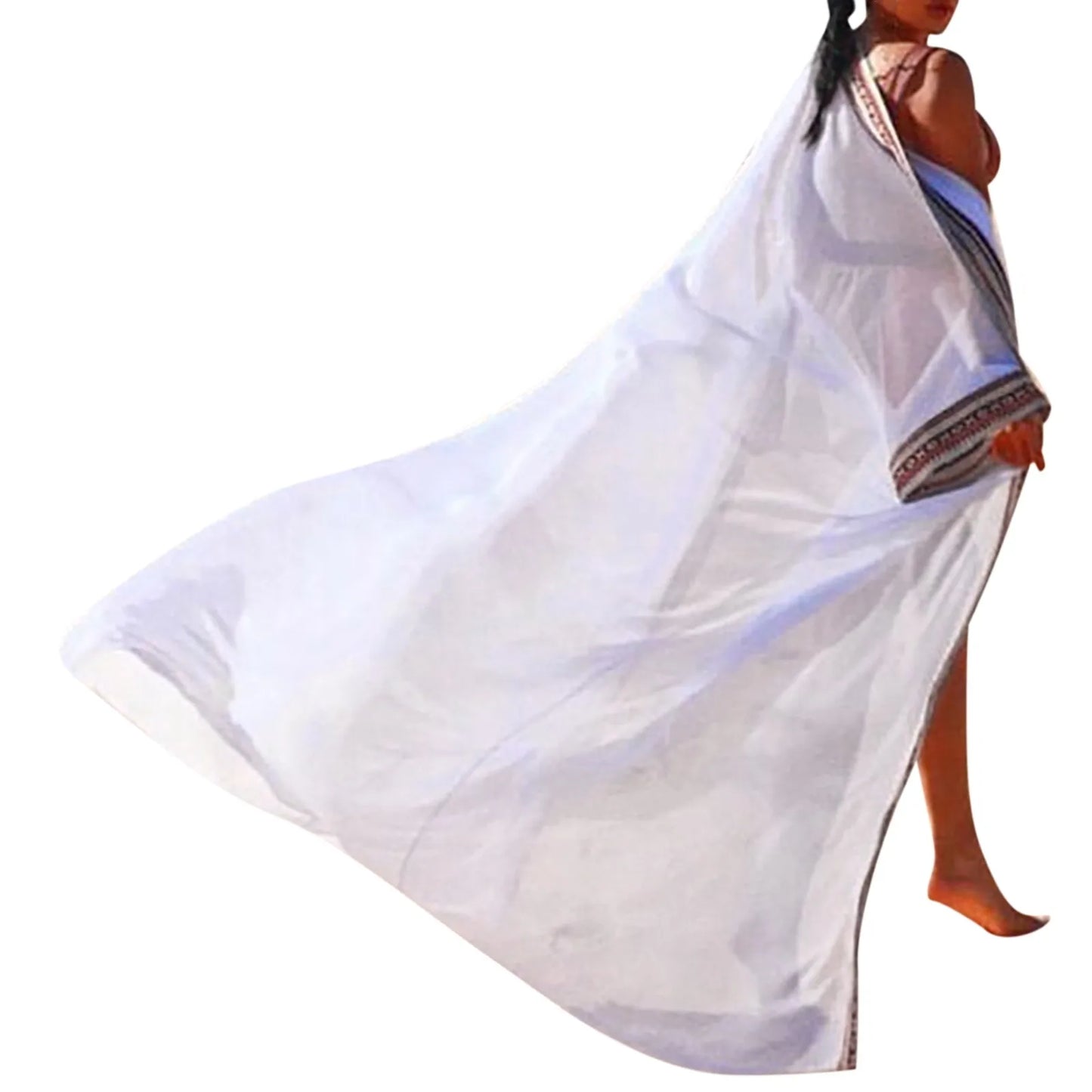White Chiffon Long Maxi Kimono Cardigan Women Beach Cover Up Embroidery Edge with Belt Tunica Kaftans Femininos Beachwear 2024