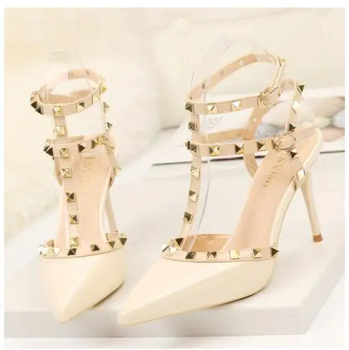 Women's Shoes 9CM Pumps Sexy Club Thin Heel Shows Thin High Heel Shallow Mouth Head Rivet Hollows Word to Take Single Shoe