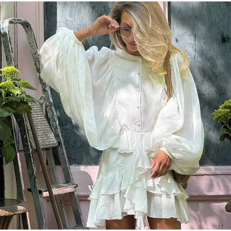 Elegant Layer Ruffles Hem Mini Dresses Chic Loose O Neck Lantern Sleeve Button A-line Cake Dress New Ladies High Street Vestidos