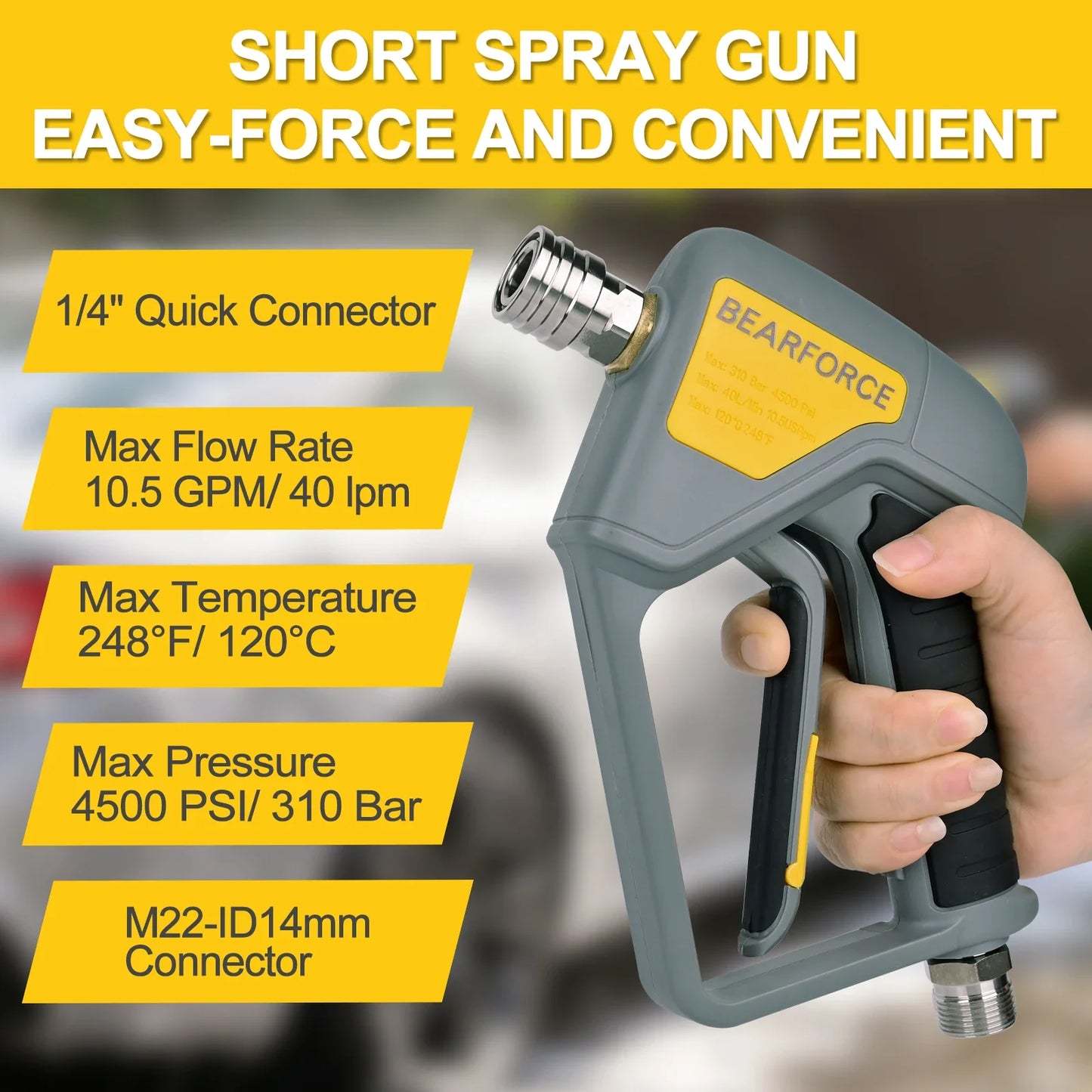 BEAR FORCE Pressure Washer Spray Water Gun with M22-14mm Inlet Male Swivel & 1/4” Quick Connector for Nozzles, Wand, Foam Cannon
